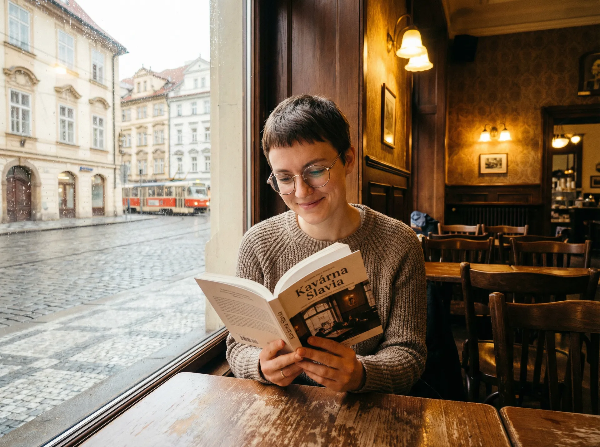 布拉格咖啡馆窗边阅读的女子 - 捷克街头 城市生活纪实